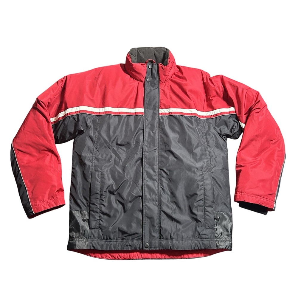 Eddie Bauer Premium Goose Down Jacket Red/Black Mens Size Medium Hooded Stripe‎